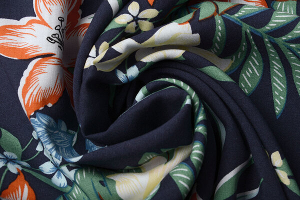 100% Viscose Amazone Bladeren Marine Blauw 100% Viscose Amazone Bladeren Marine Blauw