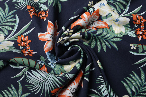 100% Viscose Amazone Bladeren Marine Blauw 100% Viscose Amazone Bladeren Marine Blauw