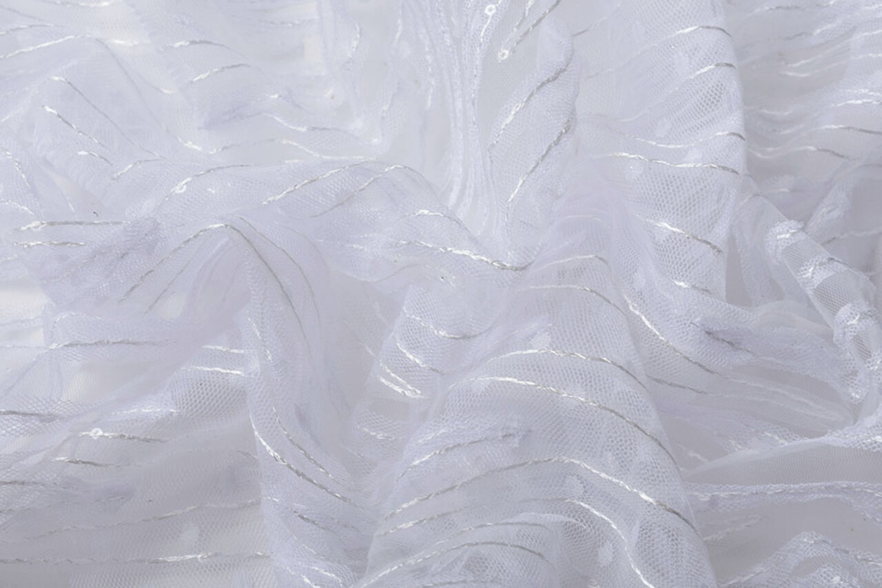 Mesh Embroidered  Sequins ZigZag White