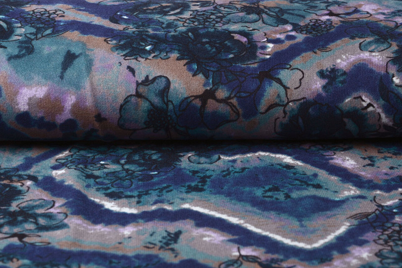 Jersey Stof Tie Dye Bloemen Blauw