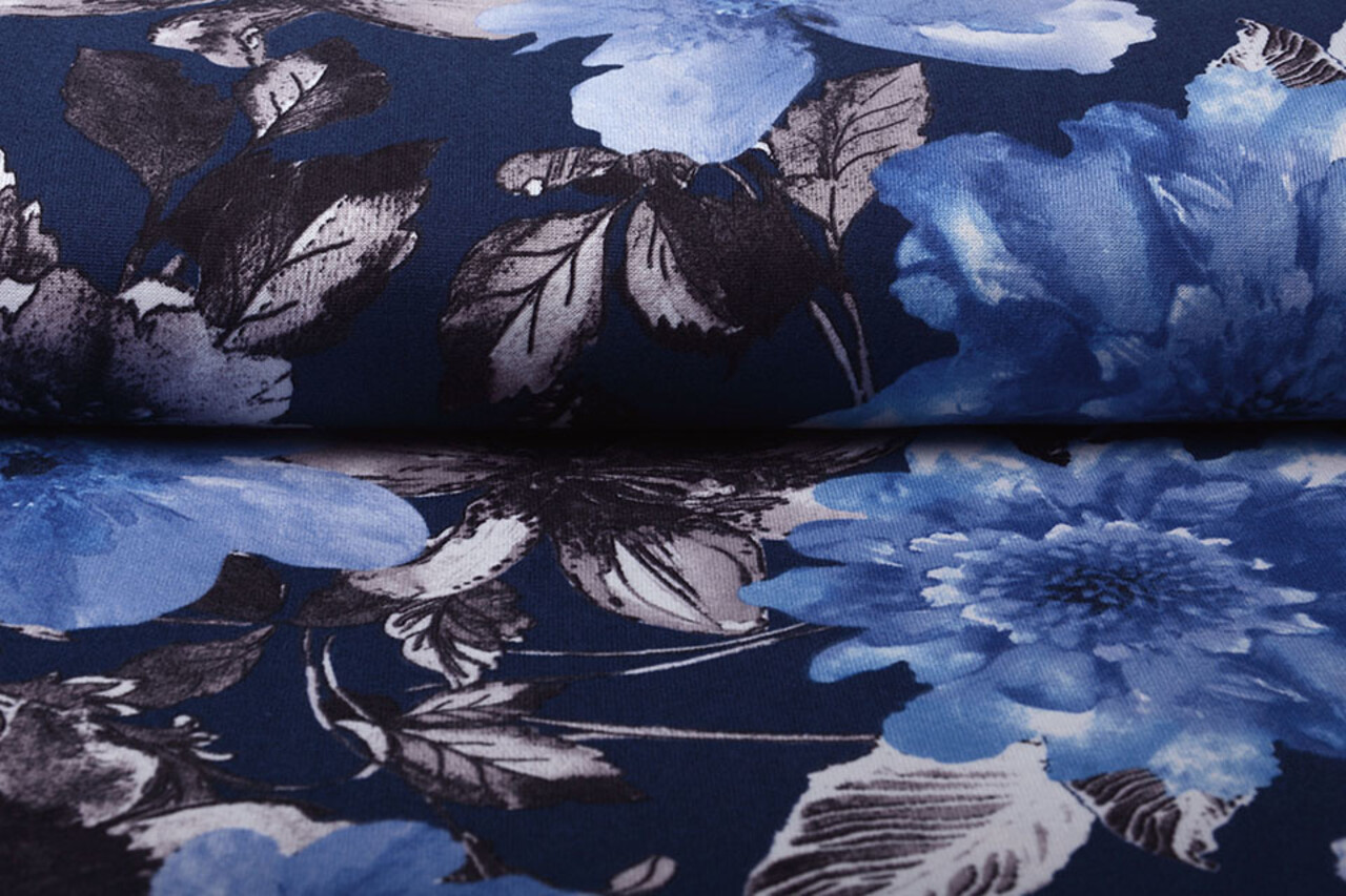 Jersey Stof Aquarel Bloemen Blauw