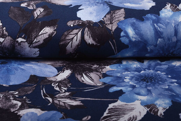 Jersey Fabric Aquarel Flowers Blue