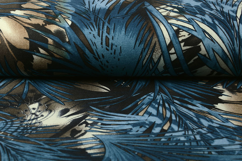 Punto Jersey Fabric Leaves Blue