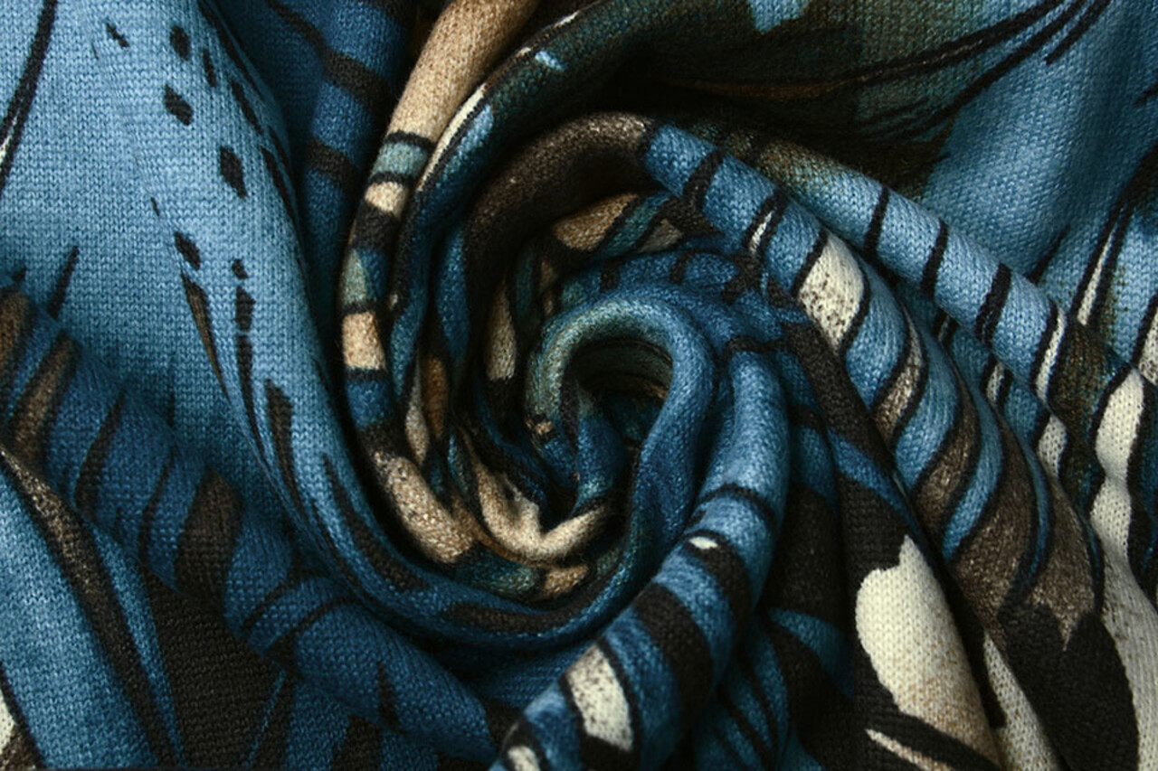 Jersey Tessuto Foglie Blu