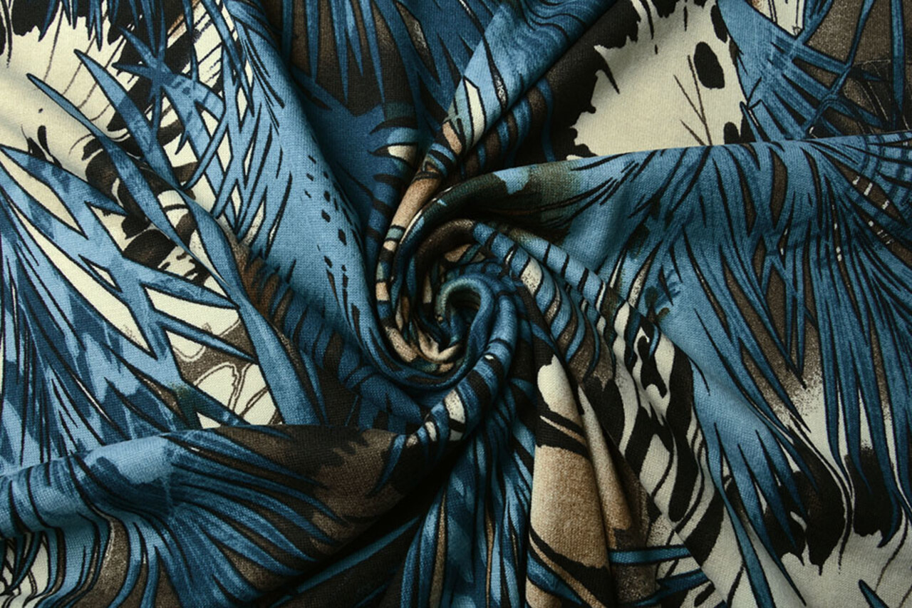 Jersey Fabric Leaves Blue