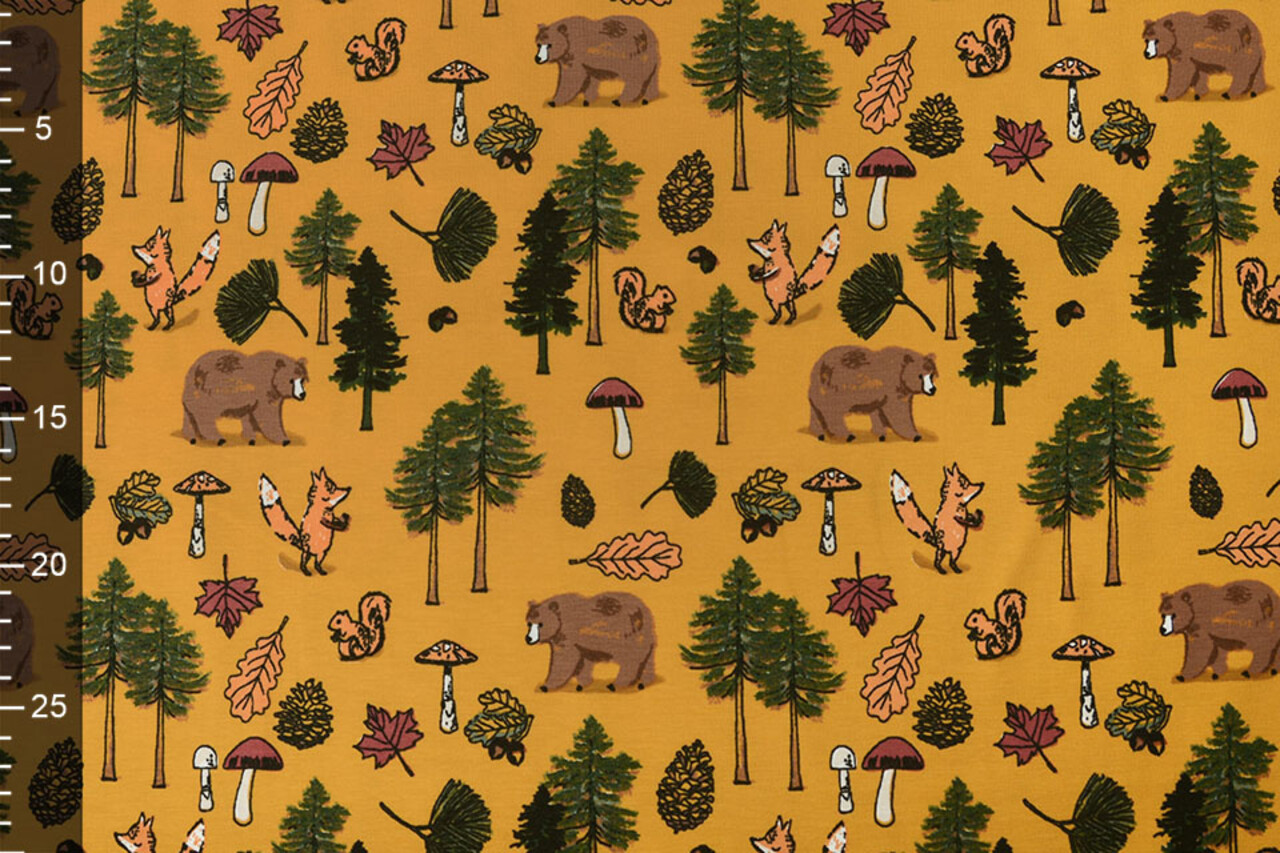 Oeko-Tex® Baumwolljersey Tierischer Wald Ockergelb Oeko-Tex® Baumwolljersey Tierischer Wald Ockergelb