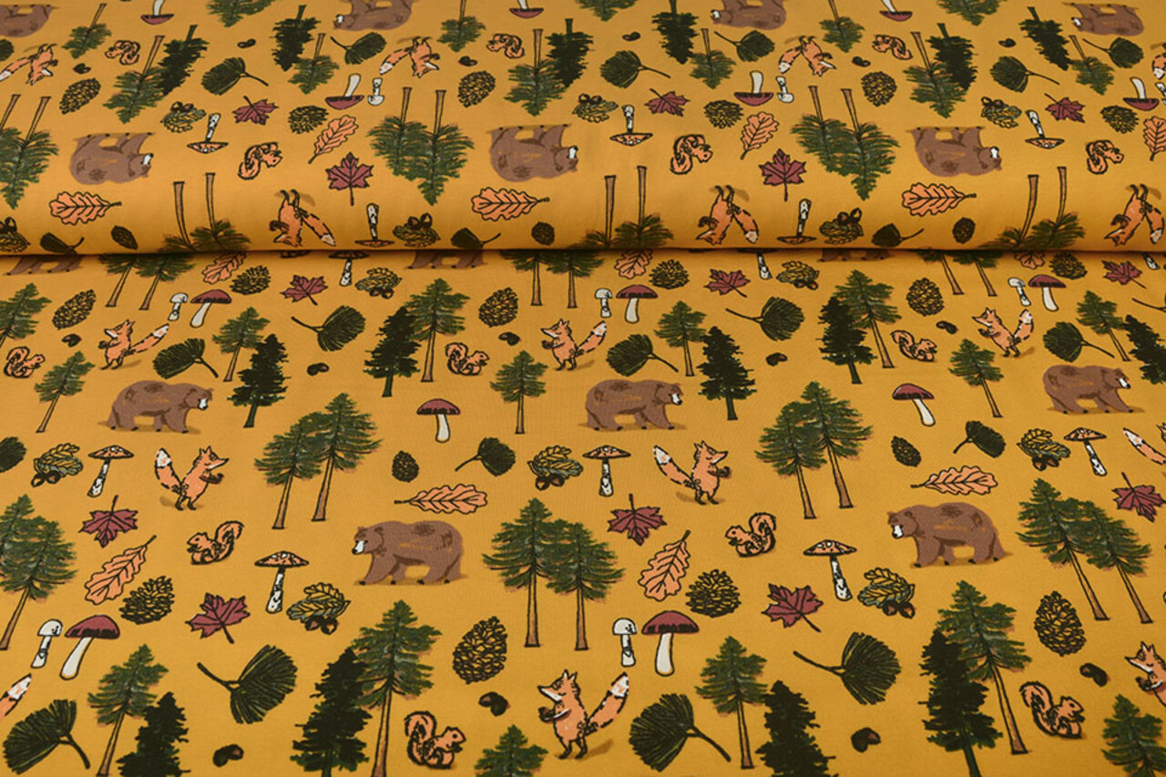 Oeko-Tex® Baumwolljersey Tierischer Wald Ockergelb Oeko-Tex® Baumwolljersey Tierischer Wald Ockergelb