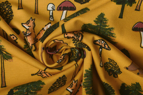 Oeko-Tex® Baumwolljersey Tierischer Wald Ockergelb Oeko-Tex® Baumwolljersey Tierischer Wald Ockergelb