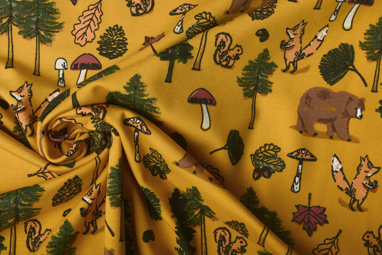 Oeko-Tex® Baumwolljersey Tierischer Wald Ockergelb Oeko-Tex® Baumwolljersey Tierischer Wald Ockergelb
