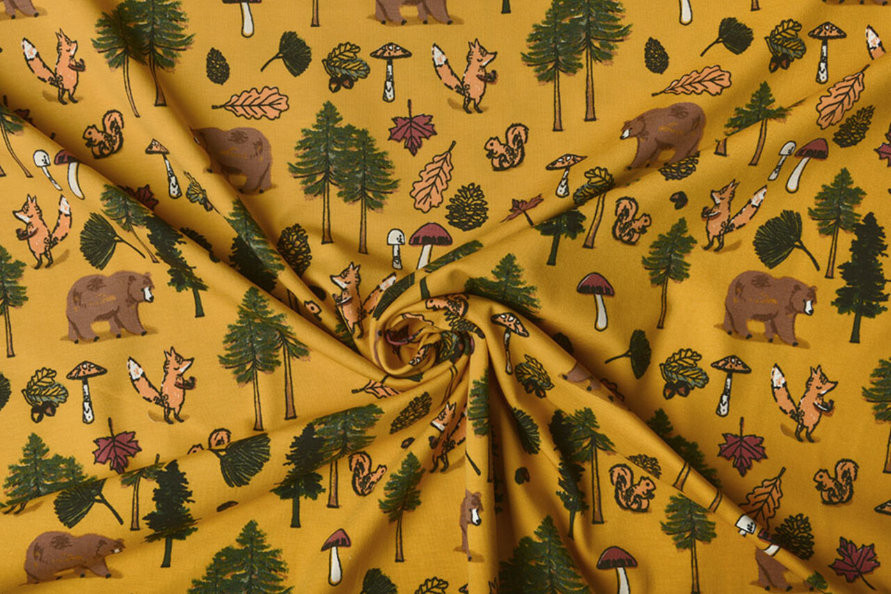 Oeko-Tex® Cotton Jersey Dierenbos Oker Geel Oeko-Tex® Cotton Jersey Dierenbos Oker Geel