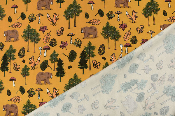 Oeko-Tex® Baumwolljersey Tierischer Wald Ockergelb Oeko-Tex® Baumwolljersey Tierischer Wald Ockergelb