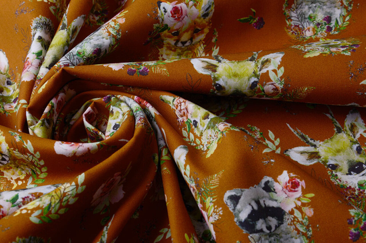 100% Digital Cotton  Forest animals Flowers Brique 100% Digital Cotton  Forest animals Flowers Brique