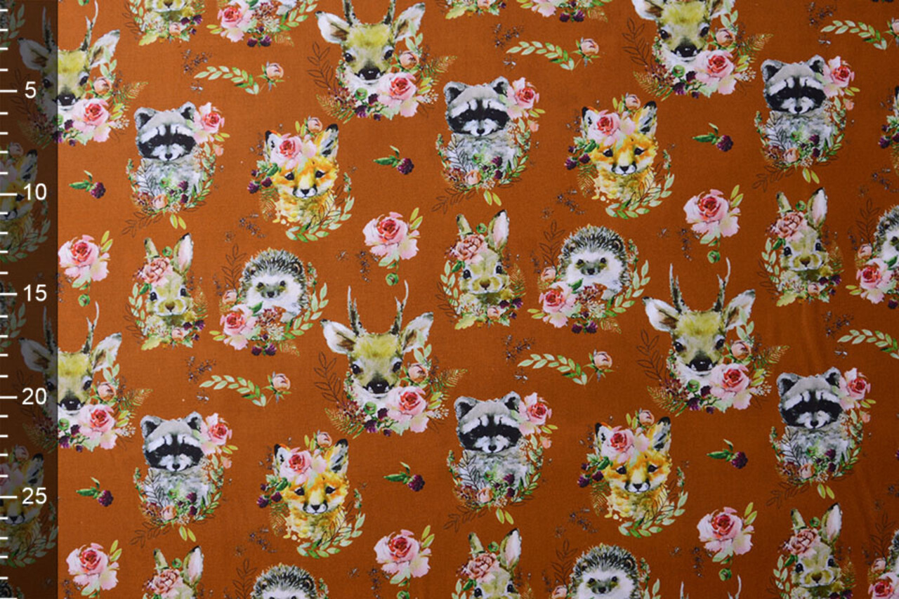 100% Digital Cotton  Forest animals Flowers Brique 100% Digital Cotton  Forest animals Flowers Brique