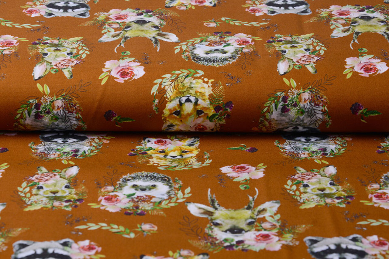 100% Digital Baumwolle Waldtiere Blumen Brique 100% Digital Baumwolle Waldtiere Blumen Brique