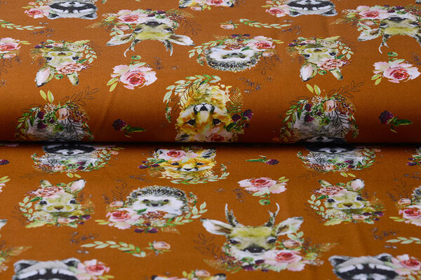 100% Digital Cotton  Forest animals Flowers Brique 100% Digital Cotton  Forest animals Flowers Brique