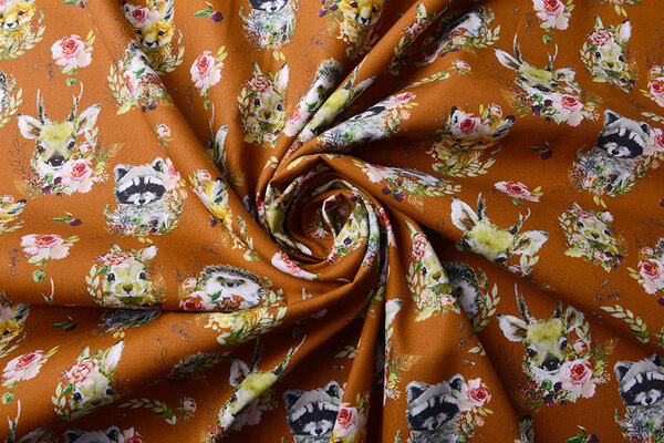 100% Digital Baumwolle Waldtiere Blumen Brique 100% Digital Baumwolle Waldtiere Blumen Brique