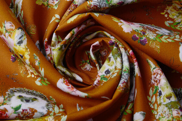 100% Digital Cotton  Forest animals Flowers Brique 100% Digital Cotton  Forest animals Flowers Brique