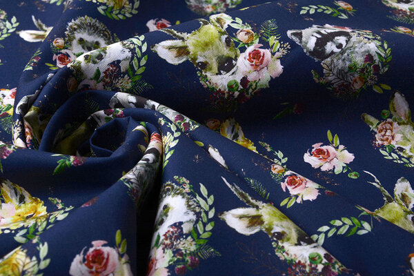 100% Digital Baumwolle Waldtiere Blumen Marine