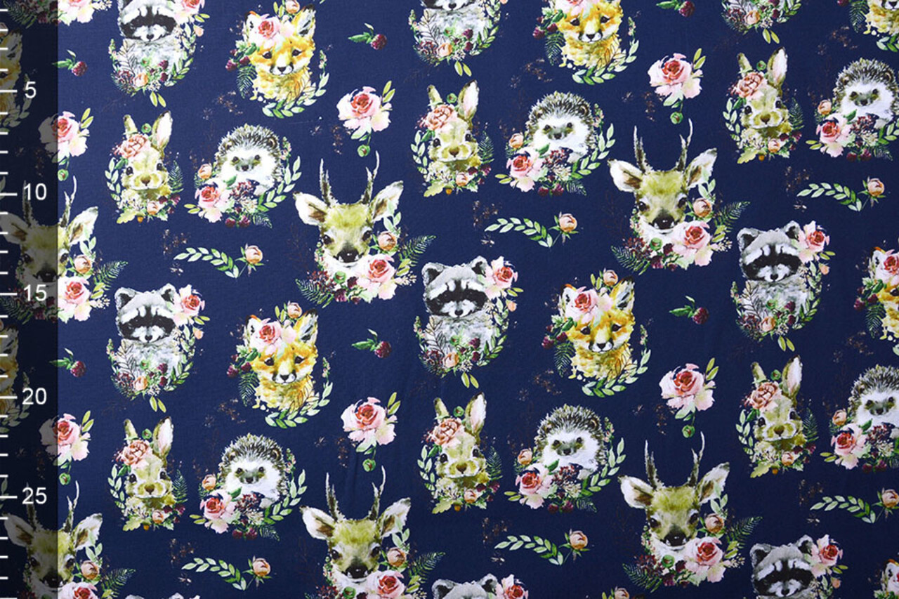 100% Digital Baumwolle Waldtiere Blumen Marine