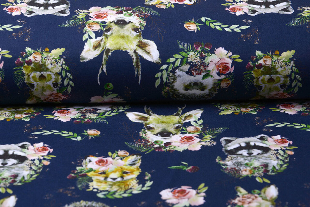 100% Digital Cotton  Forest animals Flowers Navy 100% Digital Cotton  Forest animals Flowers Navy