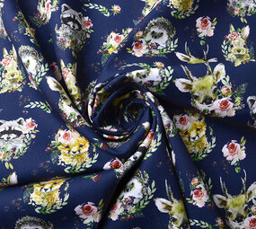 100% Digital Cotton  Forest animals Flowers Navy 100% Digital Cotton  Forest animals Flowers Navy