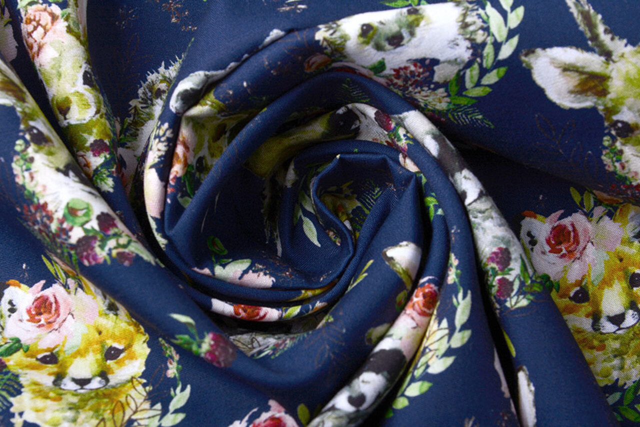 100% Digital Cotton  Forest animals Flowers Navy 100% Digital Cotton  Forest animals Flowers Navy