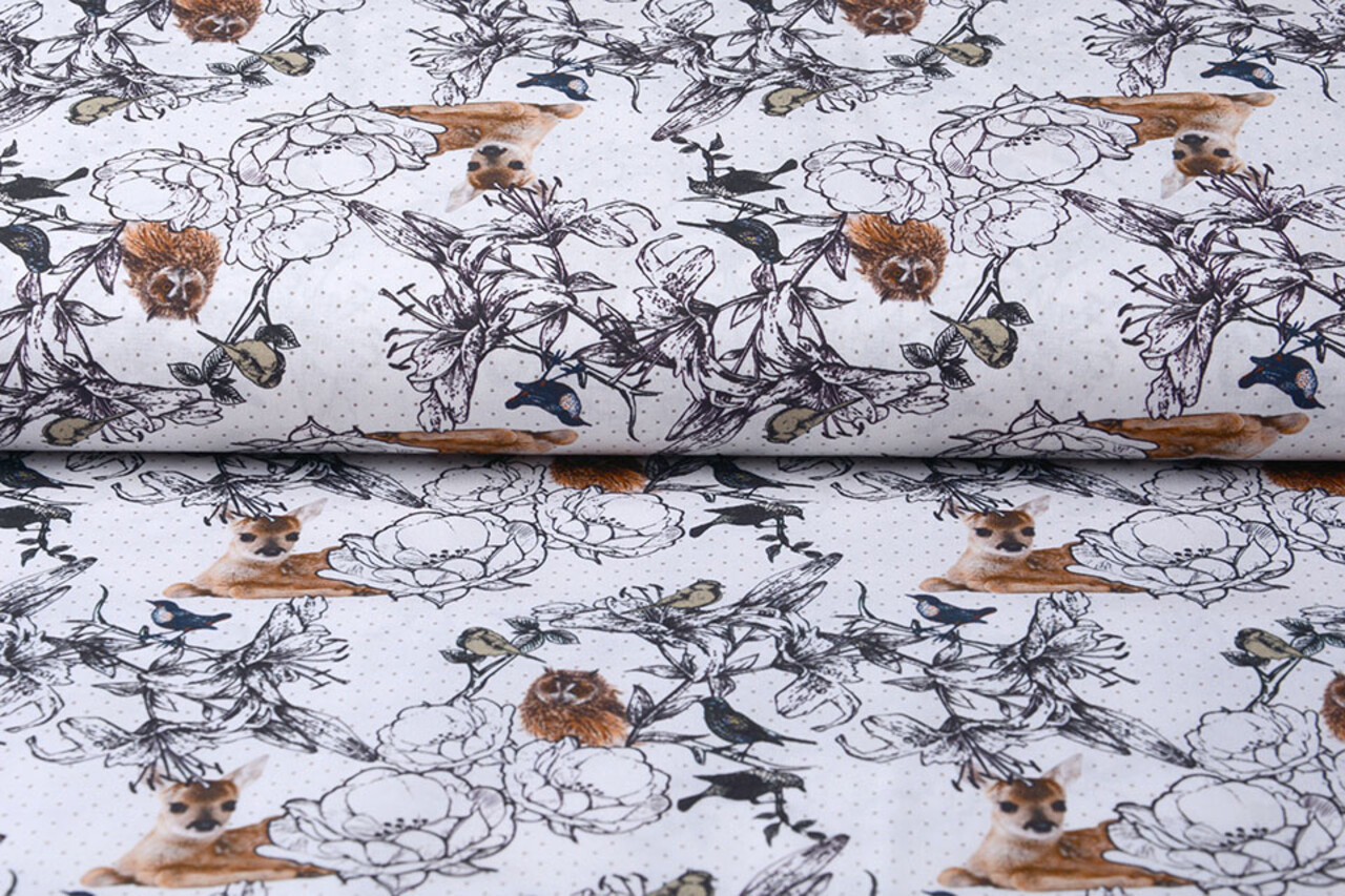 100% Digital Cotton  Forest animals Deer And Owl