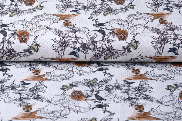 100% Digital Cotton  Forest animals Deer And Owl