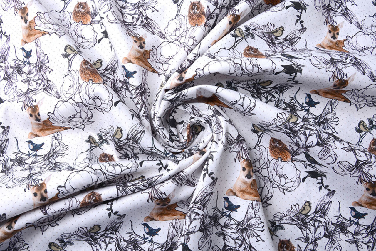 100% Digital Cotton  Forest animals Deer And Owl