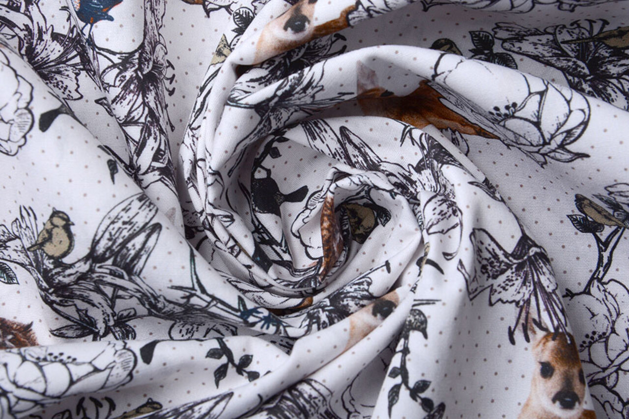100% Digital Cotton  Forest animals Deer And Owl