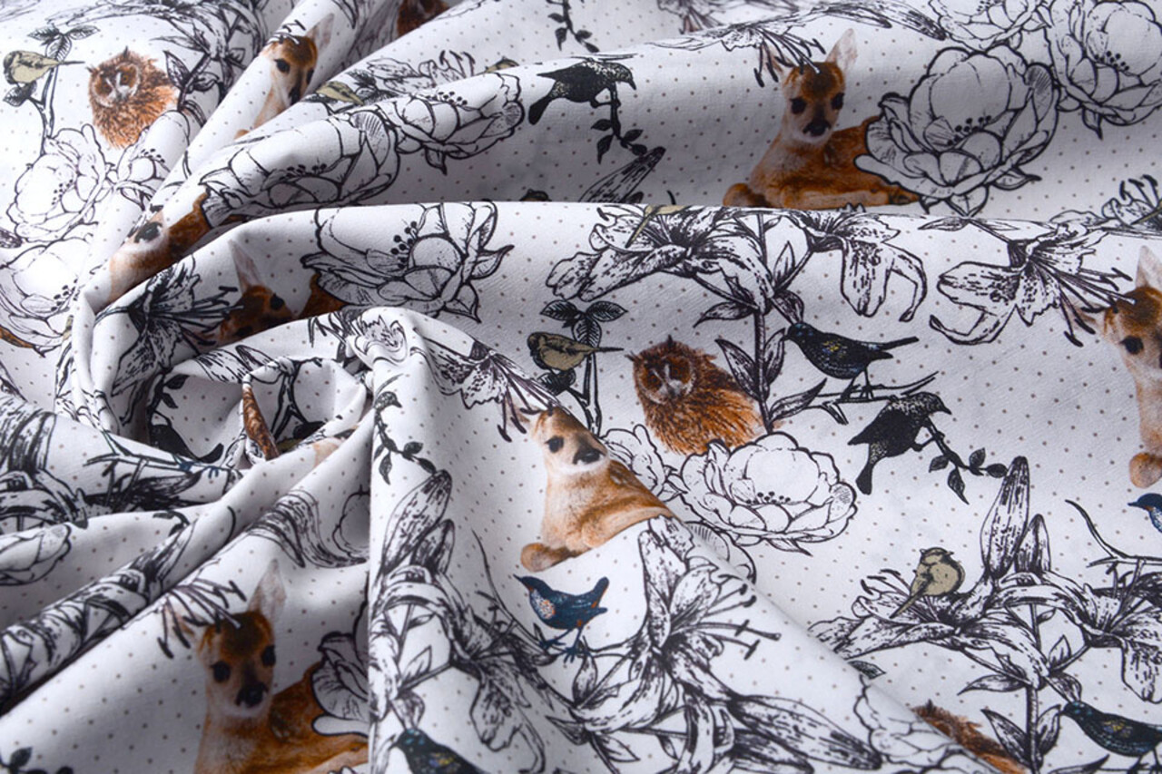 100% Digital Cotton  Forest animals Deer And Owl