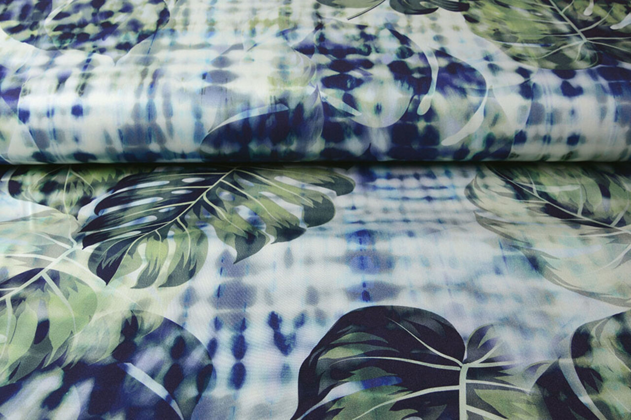 Digital Stretch Cotton Monstera Palm Leaf Blue Digital Stretch Cotton Monstera Palm Leaf Blue