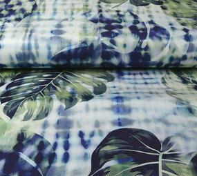 Digital Algodón Elástico Monstera Hoja de Palmera Azul