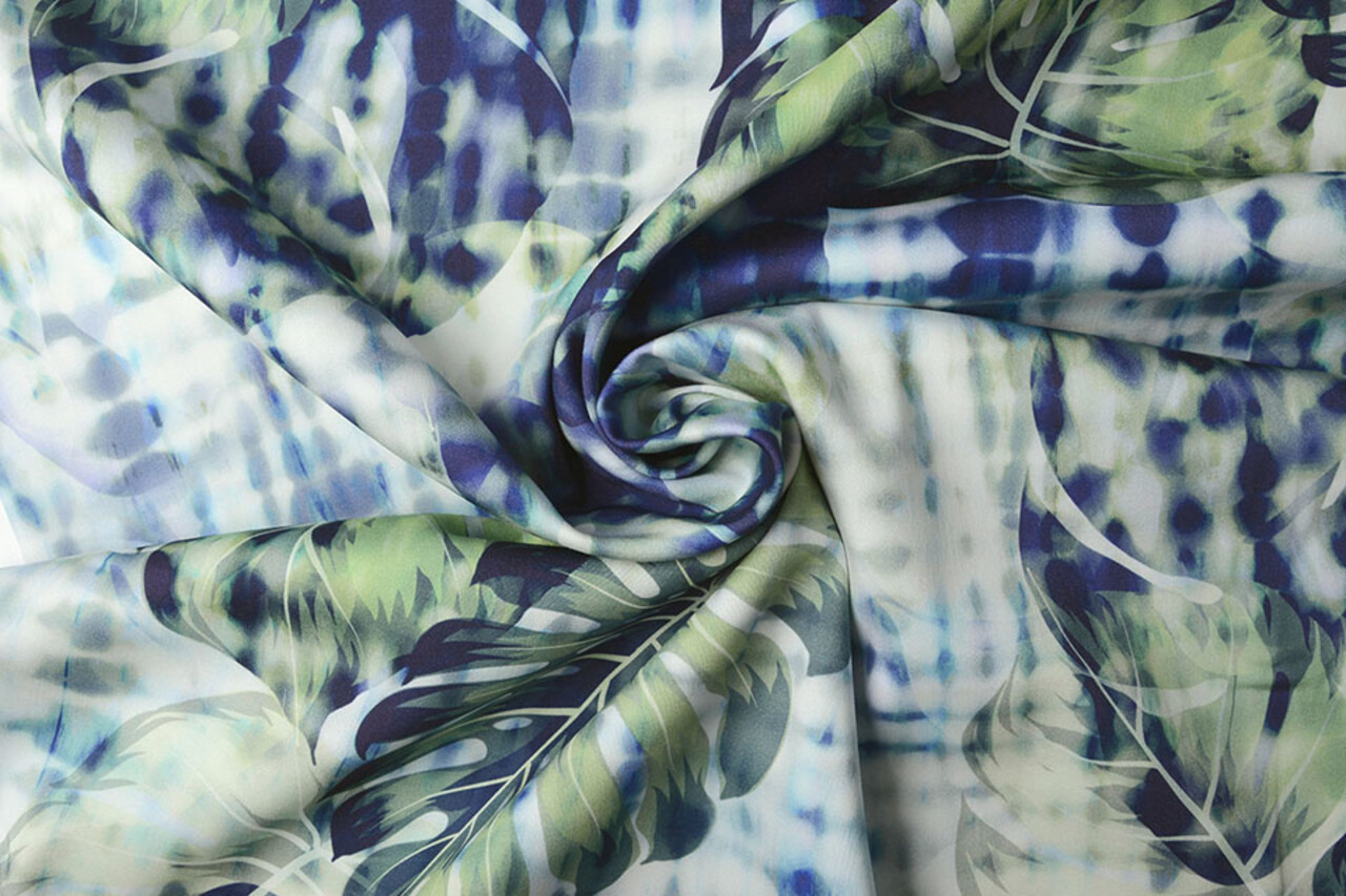 Digitaal Stretch Katoen Monstera Palmblad Blauw Digitaal Stretch Katoen Monstera Palmblad Blauw