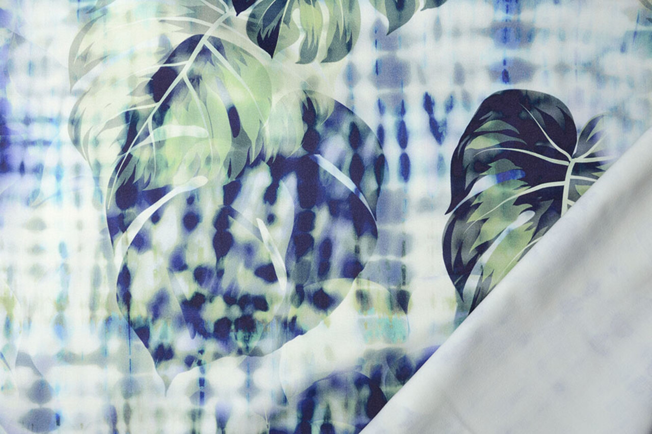 Imprimé Numérique Stretch Coton Monstera Palmblad Bleu