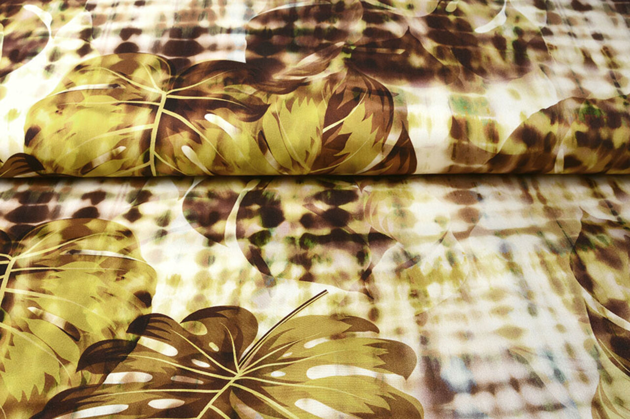 Digital Stretch Cotton Monstera Palm Leaf Brown