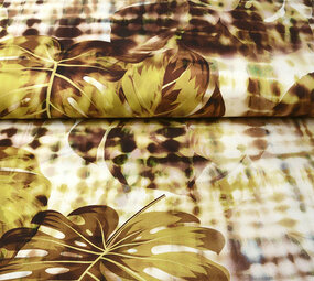 Digitaal Stretch Katoen Monstera Palmblad Bruin Digitaal Stretch Katoen Monstera Palmblad Bruin