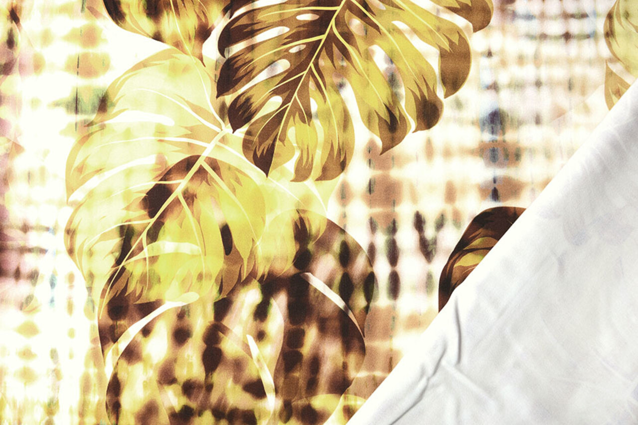 Digitale Stretch Cotone Monstera Palmblad Marrone Digitale Stretch Cotone Monstera Palmblad Marrone