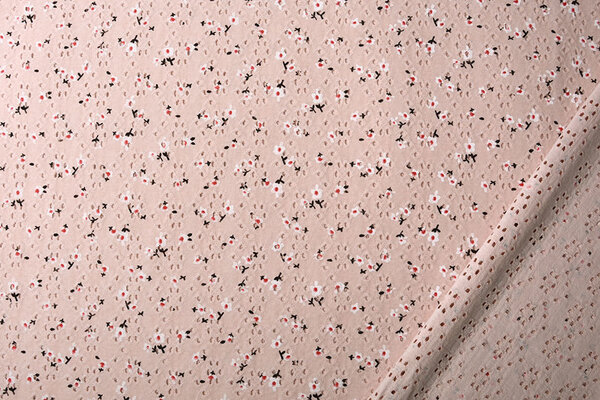 Oeko-Tex®  Katoen Jersey Broderie Bloemen Poeder Roze