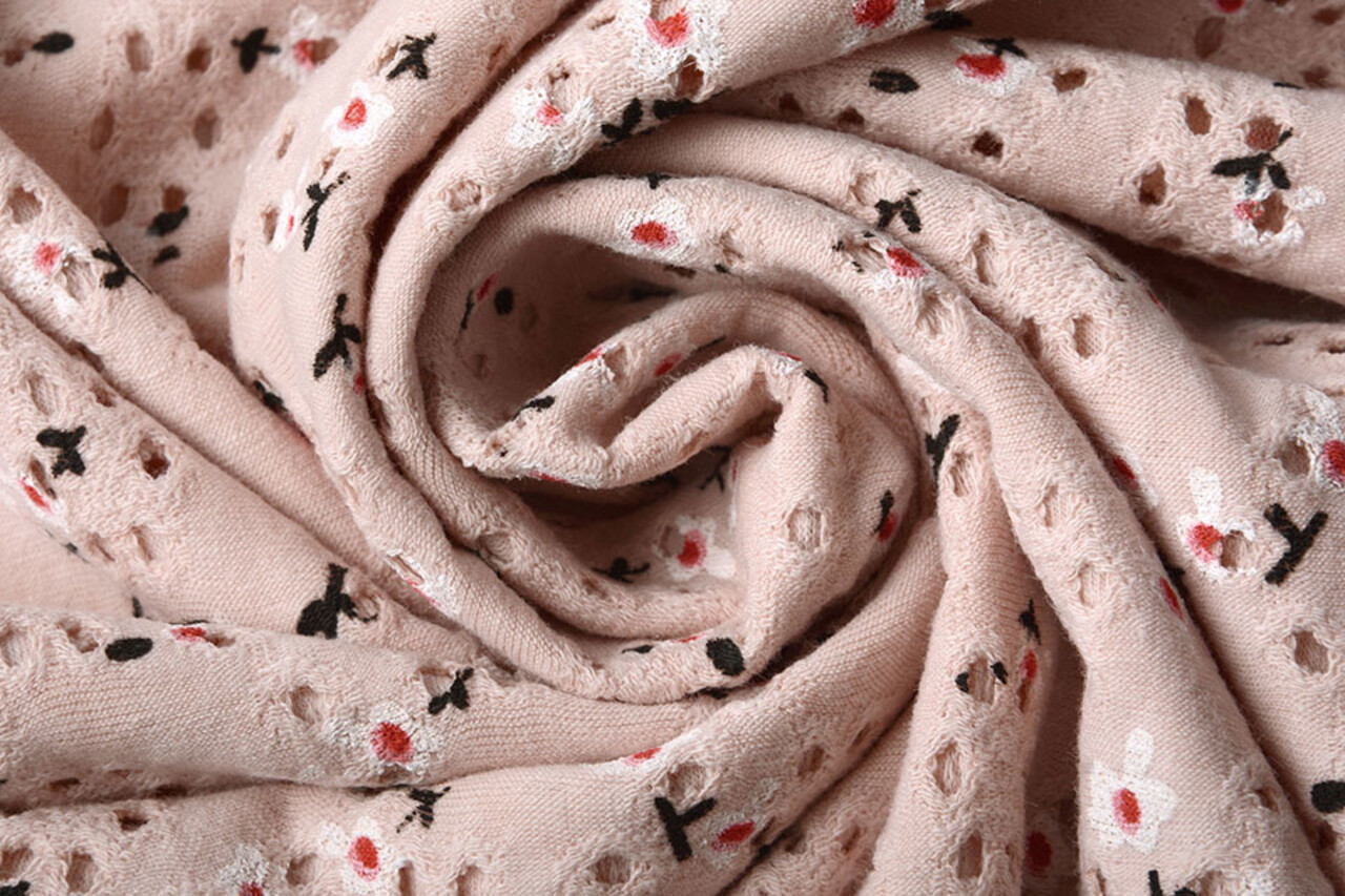 Oeko-Tex®  Katoen Jersey Broderie Bloemen Poeder Roze