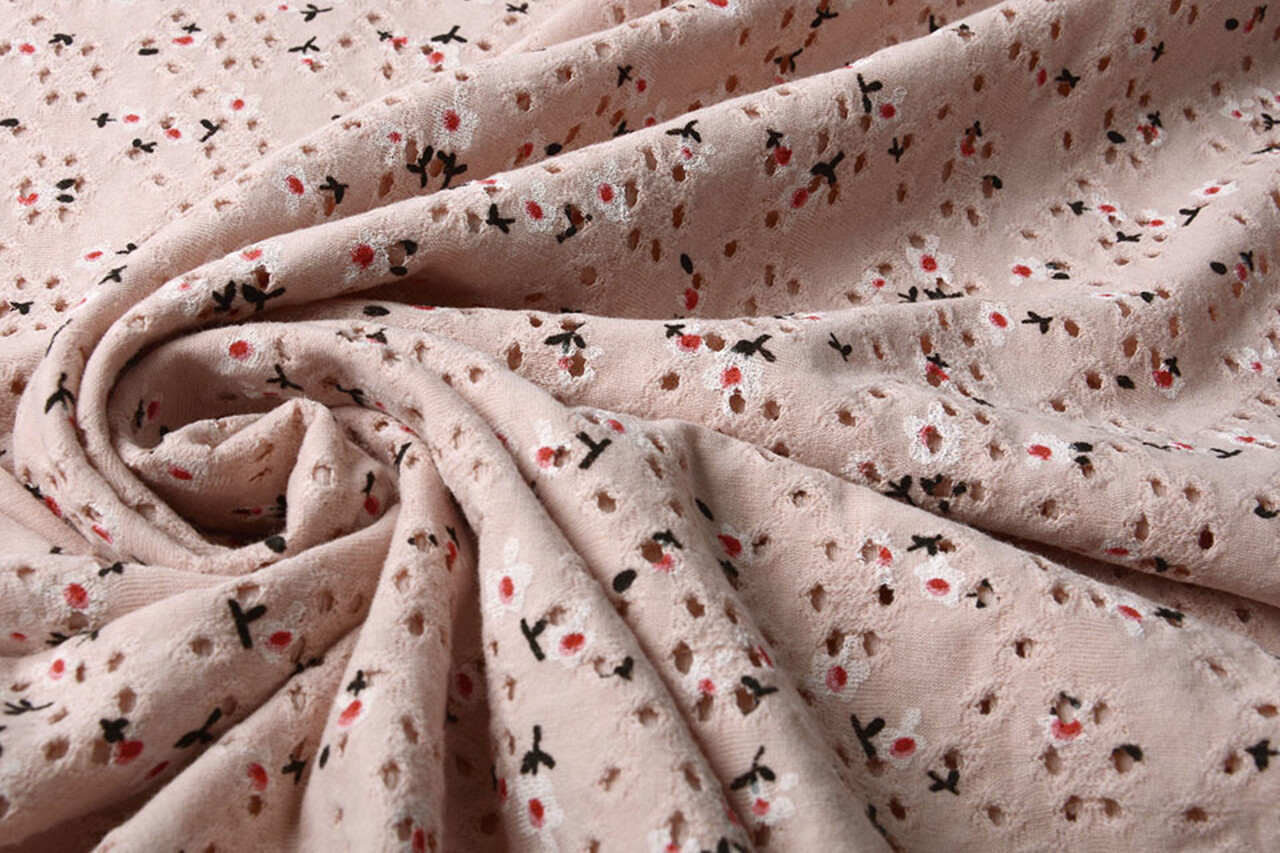 Oeko-Tex® Cotone Jersey Ricamo Fiori Rosa Cipria Oeko-Tex® Cotone Jersey Ricamo Fiori Rosa Cipria