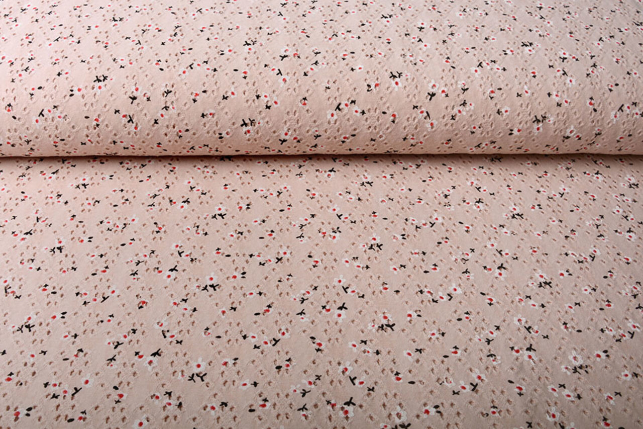 Oeko-Tex®  Katoen Jersey Broderie Bloemen Poeder Roze