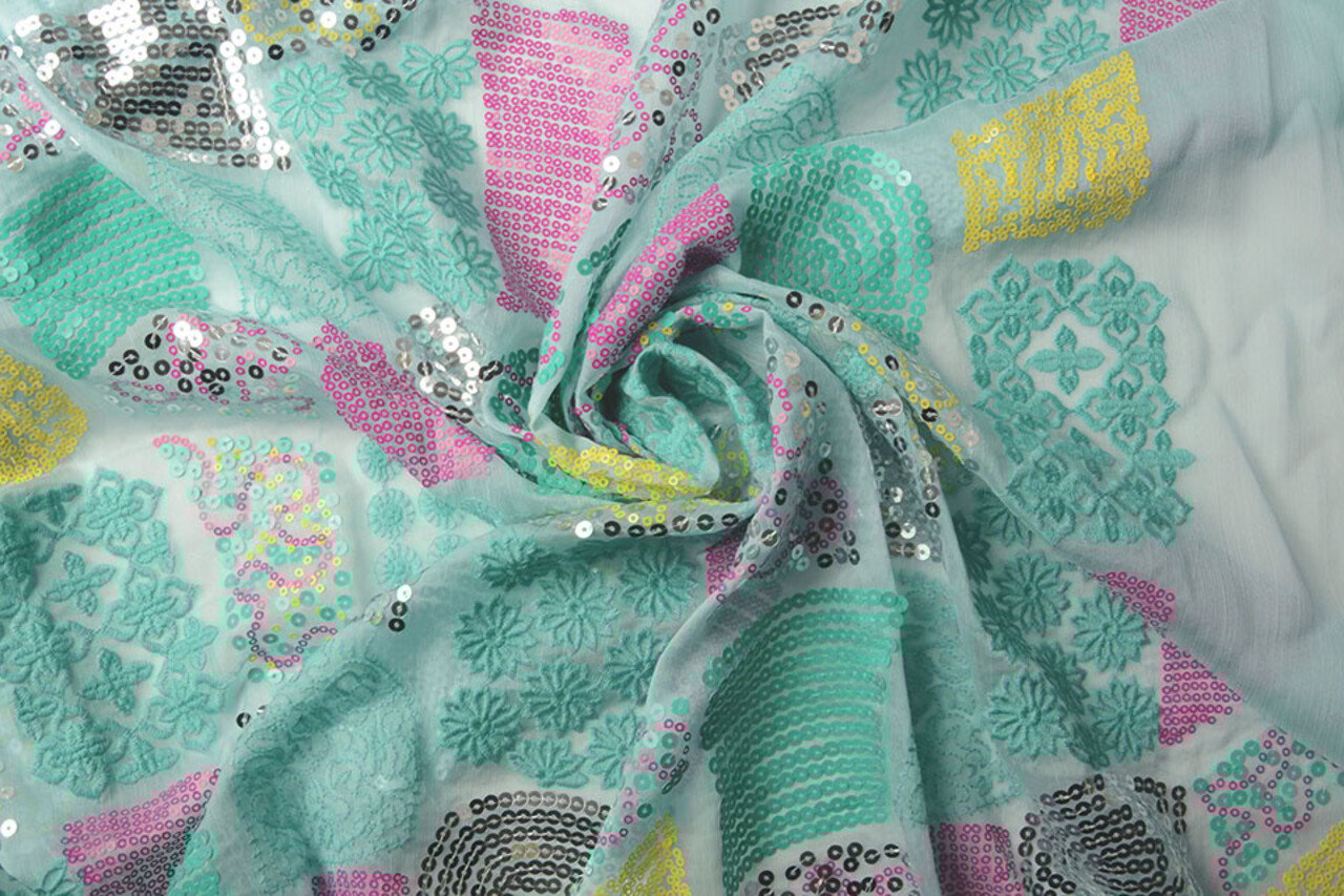 Embroidered Sequins on Chiffon Maya Mint