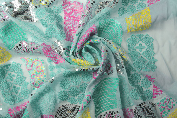Embroidered Sequins on Chiffon Maya Mint
