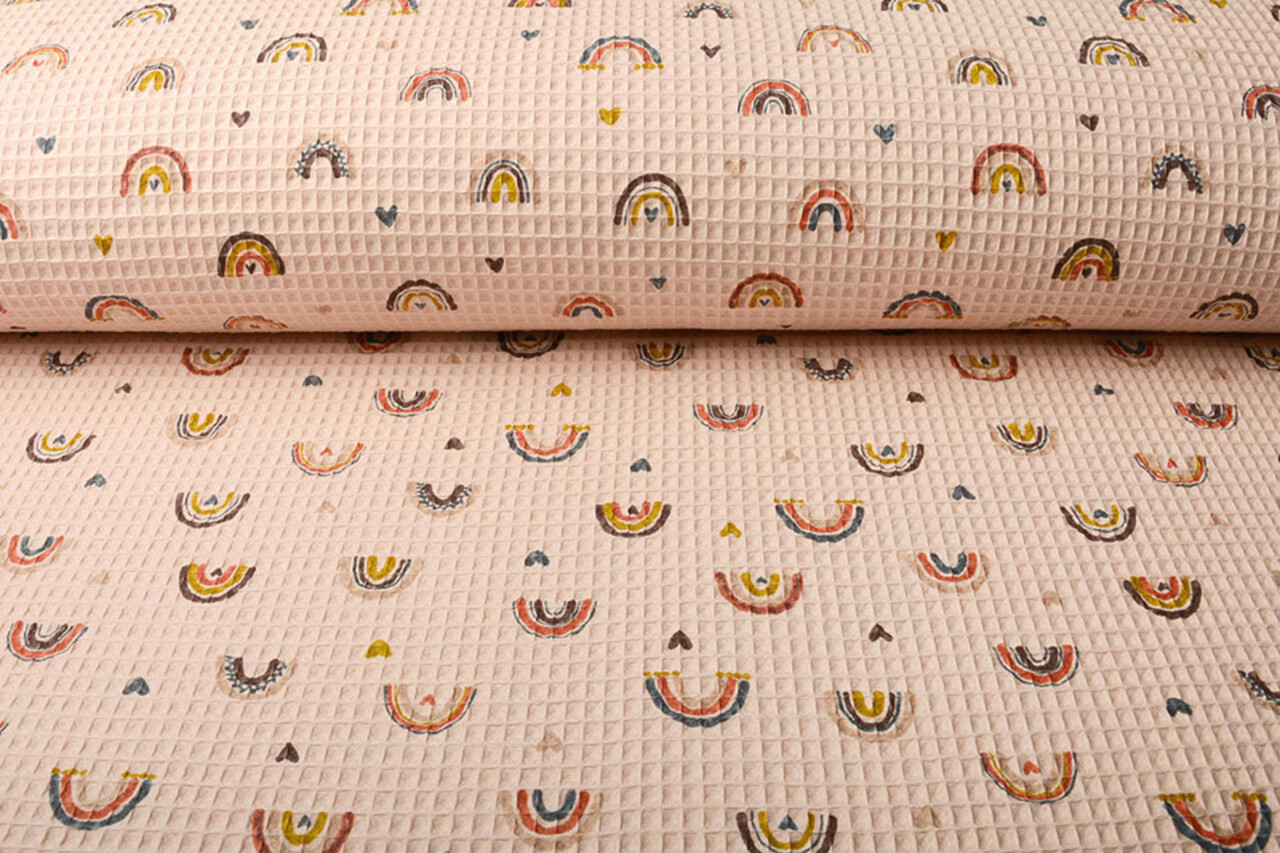 Oeko-Tex® Nido de Abeja Arcoíris con Corazones Rosa Empolvado Oeko-Tex® Nido de Abeja Arcoíris con Corazones Rosa Empolvado