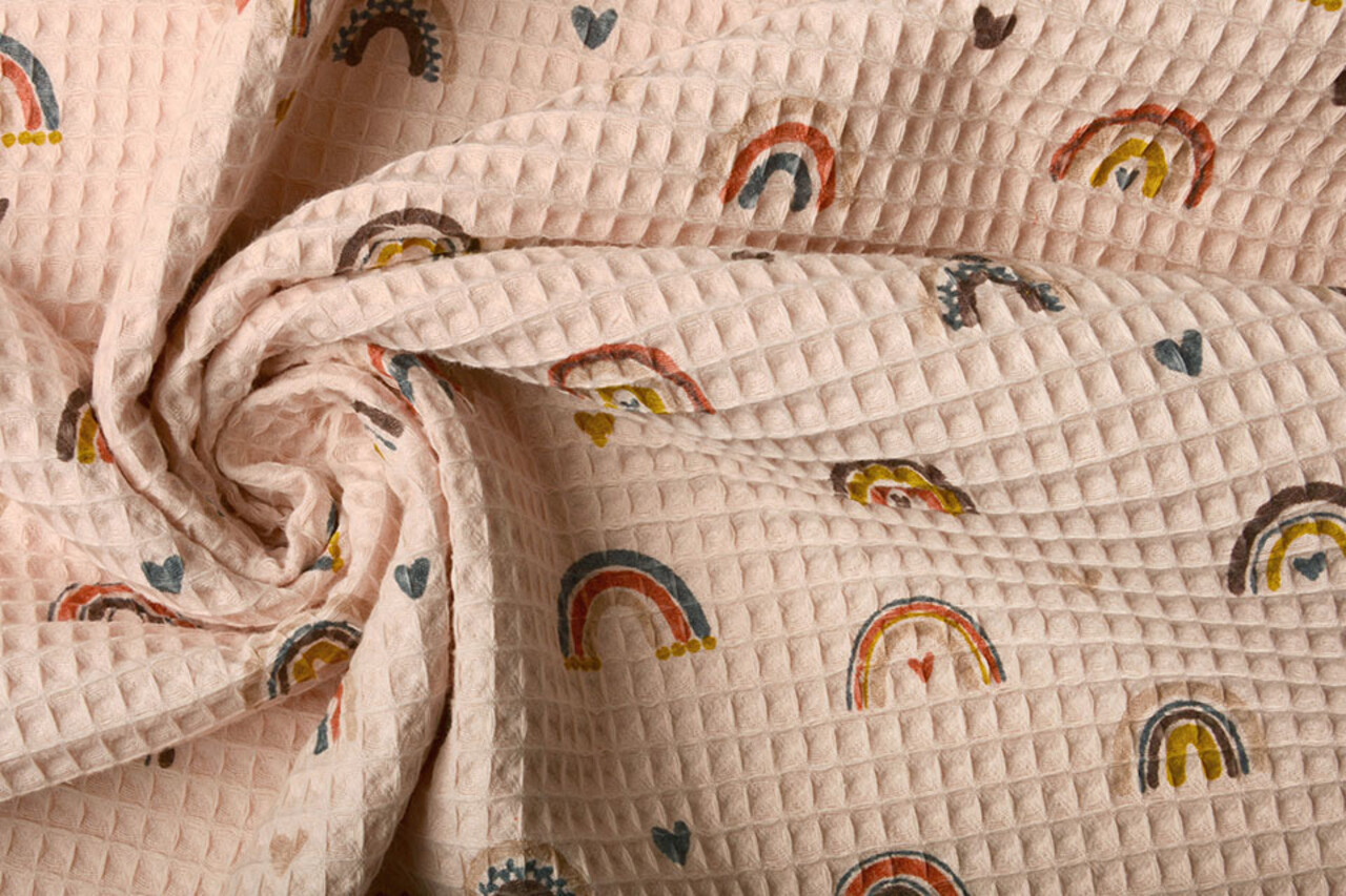 Oeko-Tex® Nido de Abeja Arcoíris con Corazones Rosa Empolvado Oeko-Tex® Nido de Abeja Arcoíris con Corazones Rosa Empolvado