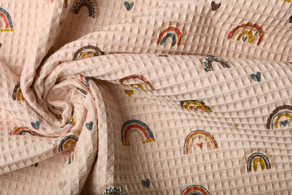 Oeko-Tex® Nido de Abeja Arcoíris con Corazones Rosa Empolvado Oeko-Tex® Nido de Abeja Arcoíris con Corazones Rosa Empolvado