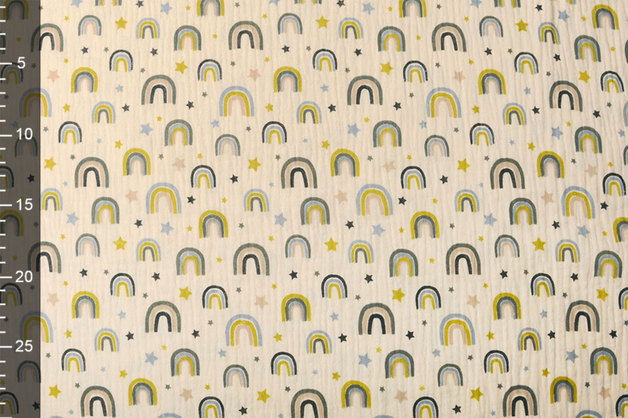 Oeko-Tex®  Baumwoll Musselin Stoff Regenbogen und Sterne Natürlich