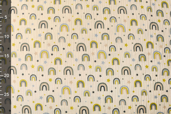 Oeko-Tex®  Baumwoll Musselin Stoff Regenbogen und Sterne Natürlich