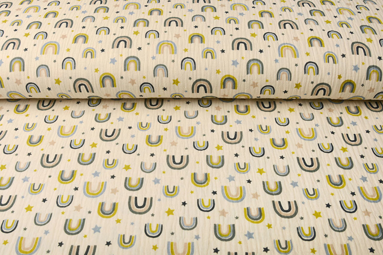 Oeko-Tex®  Hydrofiel Stof Regenbogen en Sterren Naturel